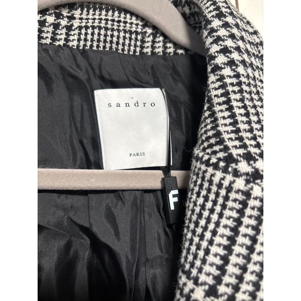 Sandro Women's Black White Plaid Wool Blend Long Coat Size 40 - Picture 4 of 13
